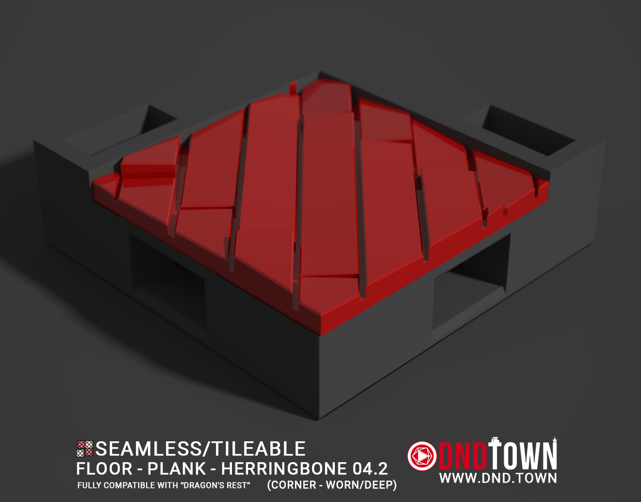 Floor - Plank - Herringbone - Wall Corner 04.2 (WORN/DEEP) - 3D Modular Dungeon Tile - DnD Town Minis (www.dnd.town)